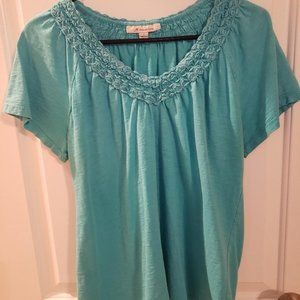 Large Aqua Top with Crochet Trim Neck